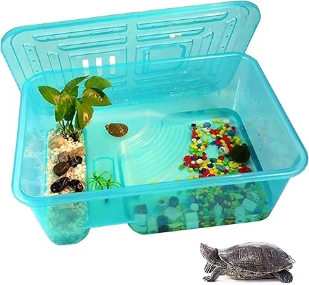 Turtle Aquarium Tank with Lid, Multifunctional Reptile Breeding Box with Terrapin Lake, Hibernation, Swimming, Basking, Feeding, Platform for Tortoise, Crayfish &amp; Crab (Medium)